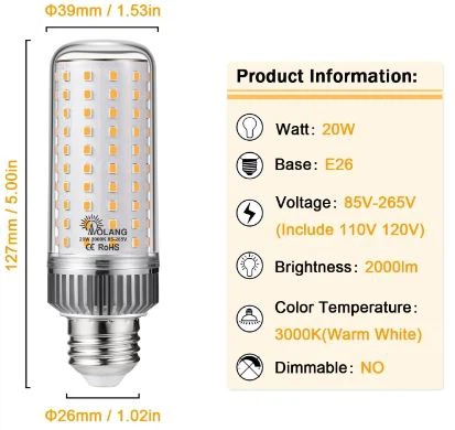 This Energy-saving 27 Watt LED Corn Cob Light Bulb (model: EC-LED-CCL27W-5000) Emits 5000K Light (typically Daylight Tone) And Features A Corn Cob LED Design, Compatible With Standard Bases (e.g., E26) For Daily Lighting in Homes, Small Commercial Spaces, Offices, Or Garage Areas